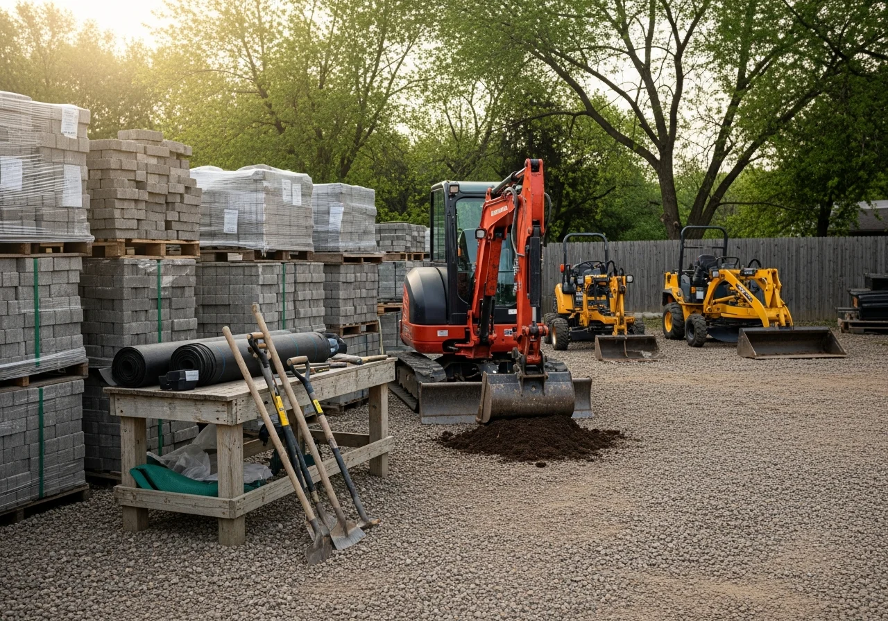 Landscape crew with tools and equipment ready for hardscape and excavation work on a residential property.