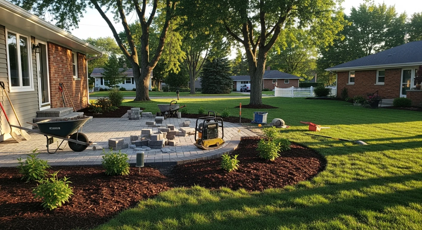 Landscape contractor installing hardscape and planting in residential yard