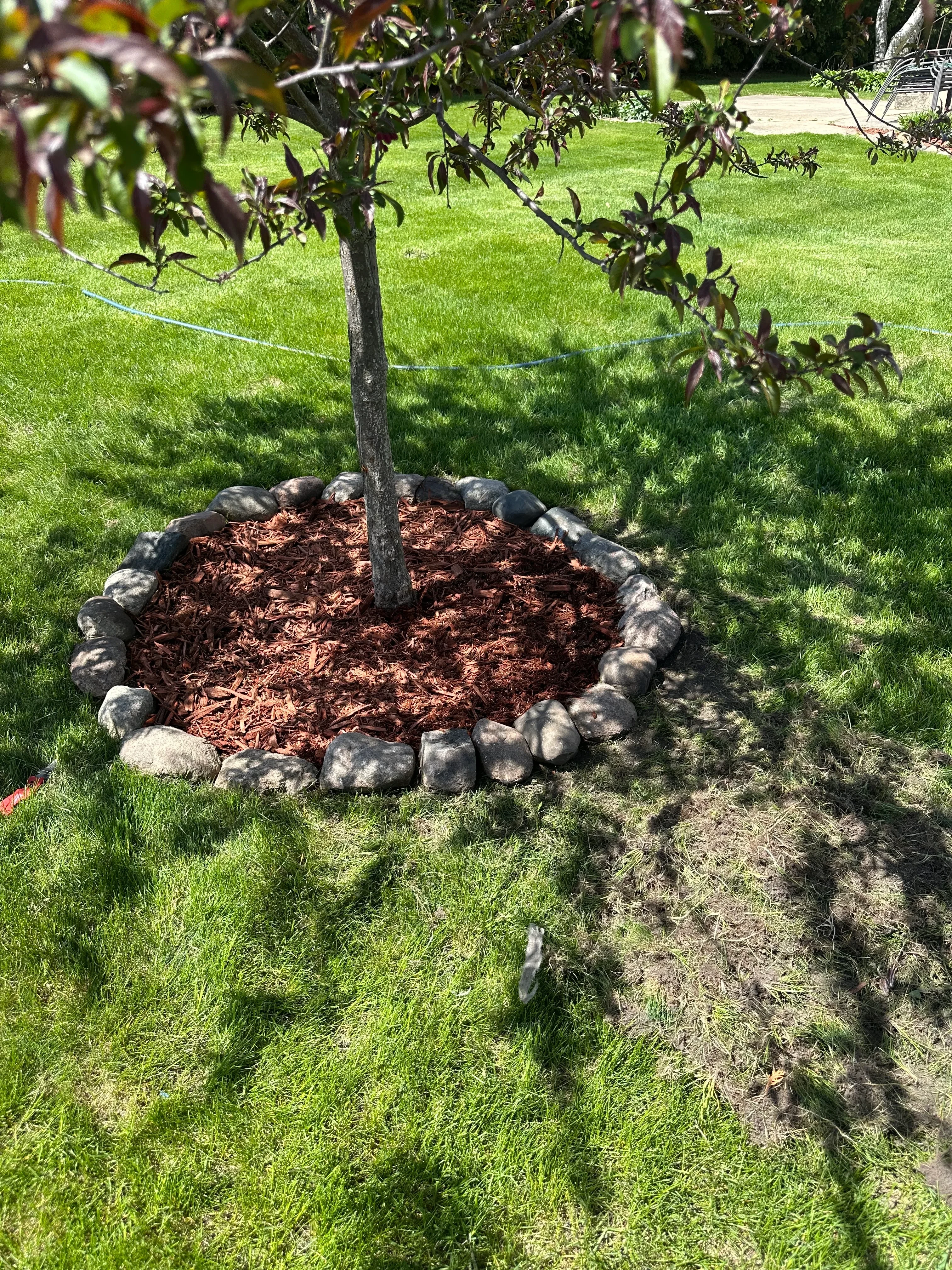 Mulch bed with stone border edging and wood chips in residential landscape
