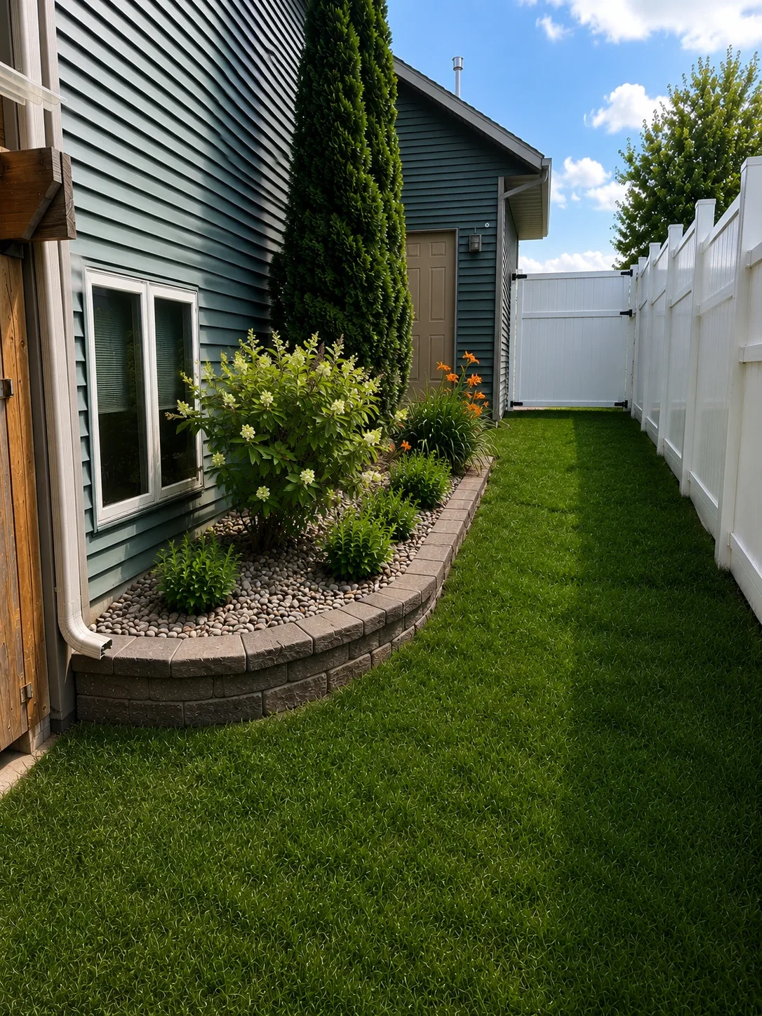 Backyard with new lawn, curved stone-edged planting bed, river rock mulch, mixed shrubs and grasses, white vinyl fence
