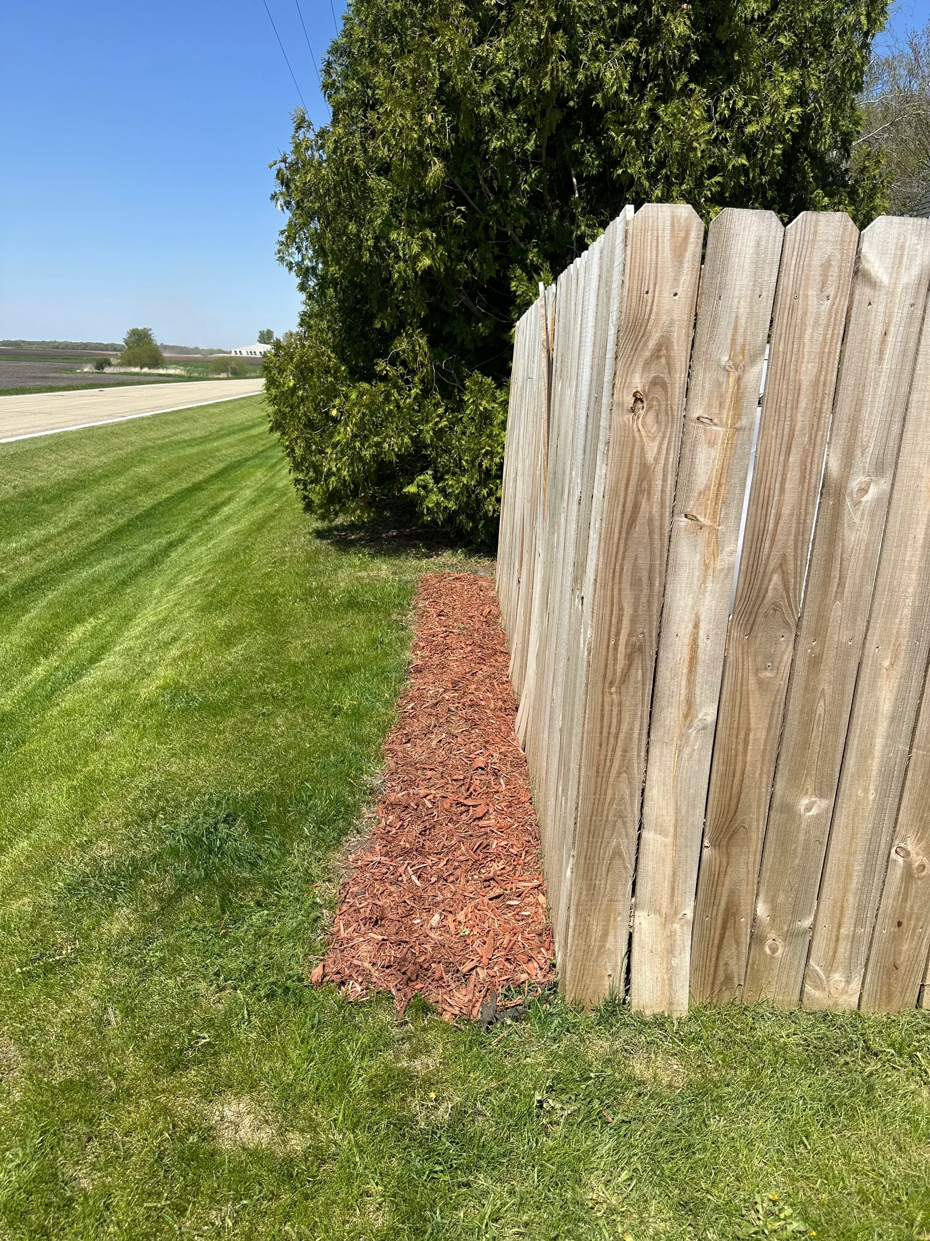 Landscape bed with red mulch, wooden edging, and shrub plantings adjacent to manicured lawn