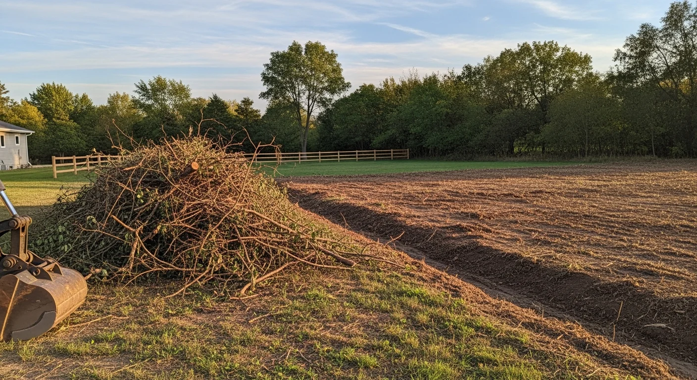 A cleared residential lot in Owatonna, Minnesota showing removed brush, saplings, and overgrowth along a fence line with bare soil and remaining trees left intact. An excavation contractor's equipment is visible at the edge of the cleared area.