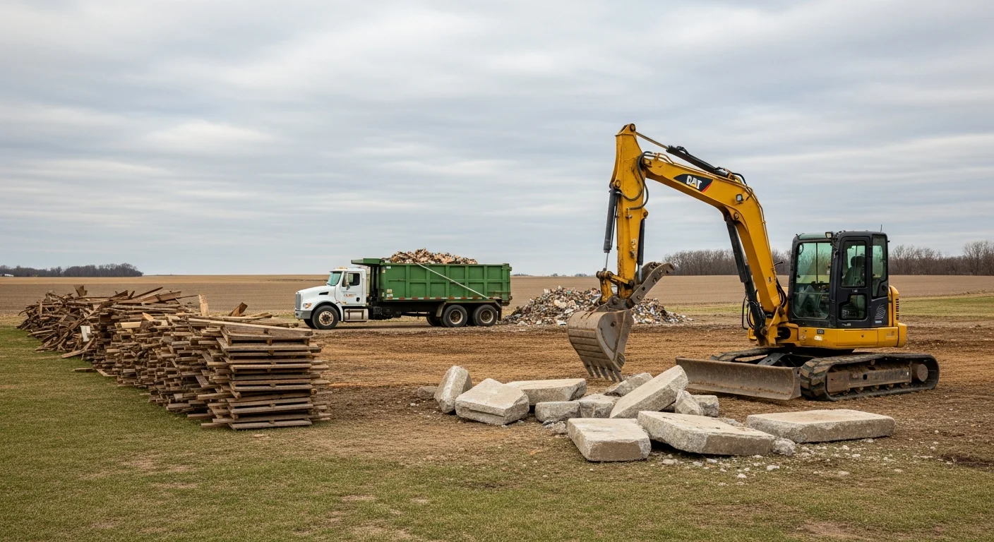 A cleared residential lot in Owatonna, Minnesota after a detached garage teardown, showing graded soil and no remaining debris. Excavation equipment is visible at the edge of the site.
