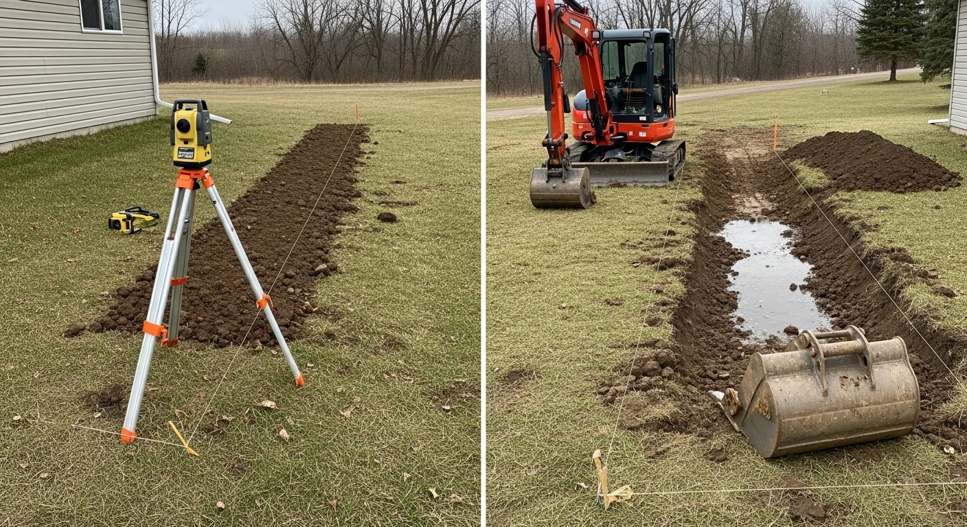 A freshly graded residential yard in Owatonna, Minnesota showing a smooth, sloped lawn surface angled away from the home's foundation. Bare soil is visible across the regraded area with a clear transition from the house toward the yard's lower discharge point.