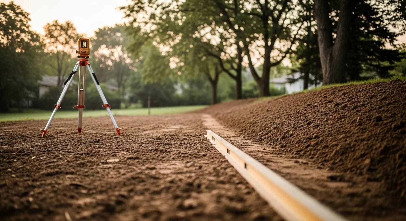 A freshly finish-graded residential yard in Owatonna, Minnesota, showing smooth, evenly sloped soil surface ready for sod installation. The ground slopes gently away from the home's foundation with no visible low spots or standing water.