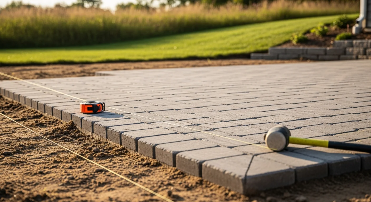 A freshly installed paver patio and low retaining wall in an Owatonna residential backyard, showing level surfaces, clean joints, and graded drainage slope away from the home foundation.