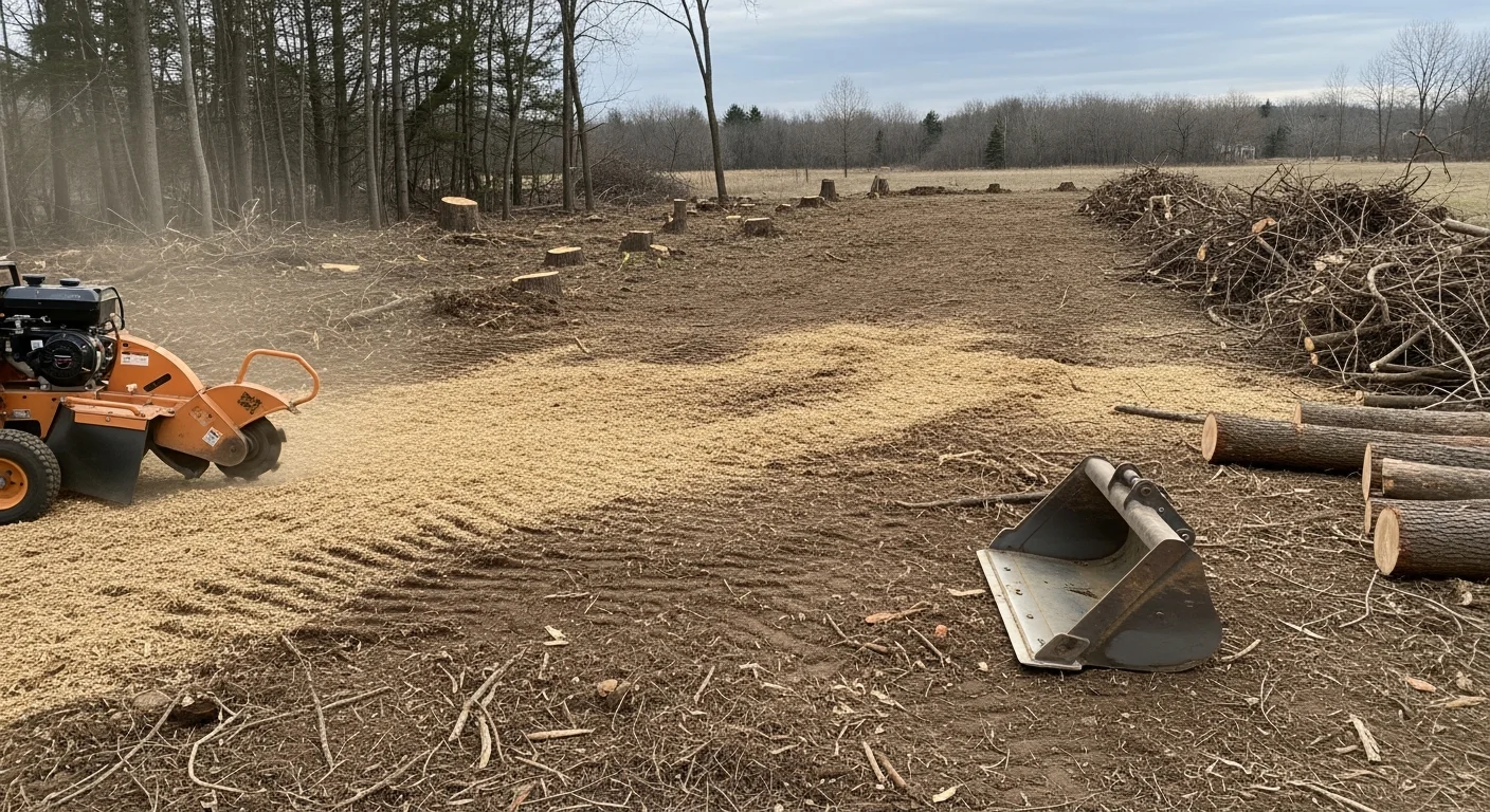 A freshly cleared residential lot in Owatonna, Minnesota, with trees, brush, and stumps removed and bare soil leveled and ready for construction. An excavation machine sits at the edge of the cleared area against a backdrop of remaining tree line.