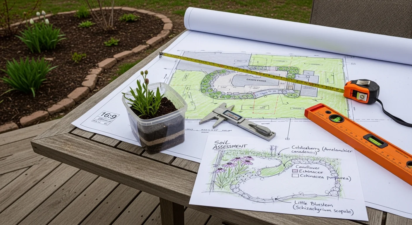 A landscape designer reviewing a hand-drawn yard plan with a homeowner on the front lawn of a single-family home in Owatonna, Minnesota. The yard shows an established grass area with open space planned for new planting beds and a defined walkway.