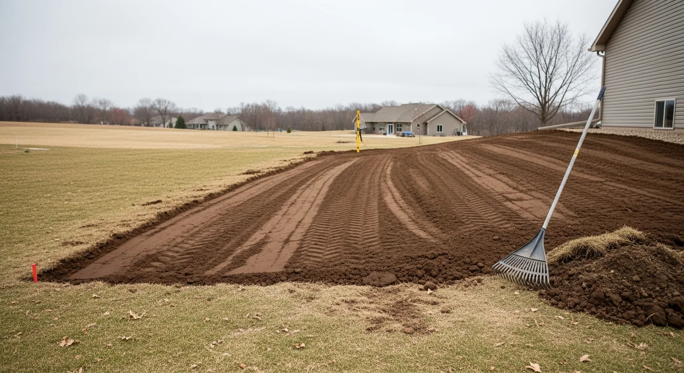 A residential backyard in Owatonna, Minnesota after landscape grading, showing a smooth, evenly sloped lawn surface graded away from the home's foundation. The yard is bare soil ready for seeding, with a clear slope directing water toward the property edge.