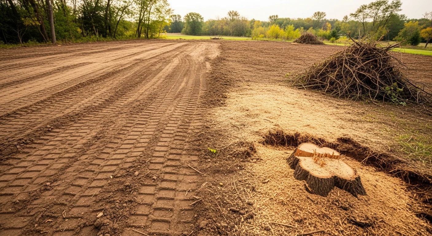 A freshly cleared residential lot in Owatonna, Minnesota, with stumps ground below grade, brush removed, and bare soil graded flat and ready for construction. Excavation equipment is visible at the edge of the cleared area.