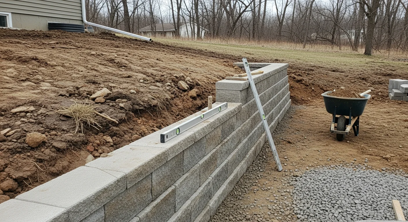 A completed retaining wall on a sloped residential backyard in Owatonna, Minnesota, with level ground behind the wall and clean drainage at the base. The wall runs along a grass lawn with a clear grade change visible between the upper and lower yard.