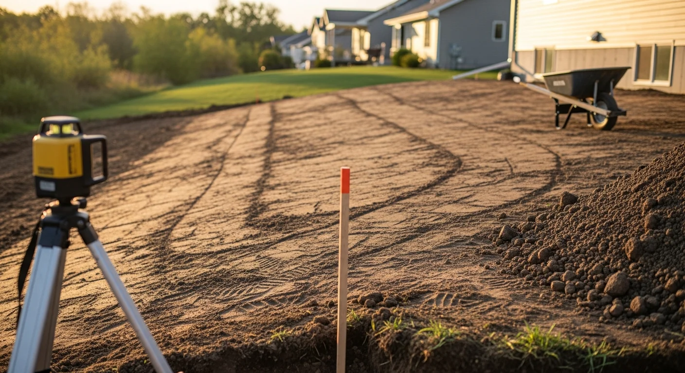 A residential backyard in Owatonna, Minnesota after site grading, showing smooth, evenly sloped soil graded away from the home's foundation. The regraded surface is compacted and ready for lawn seeding or patio installation.