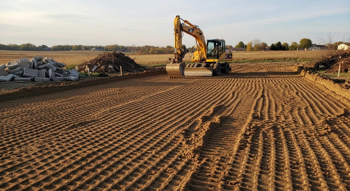 A freshly graded residential lot in Owatonna, Minnesota with cleared soil and smooth, sloped terrain ready for construction. An excavation contractor has completed rough grading work, with no debris or vegetation remaining on the prepared building site.