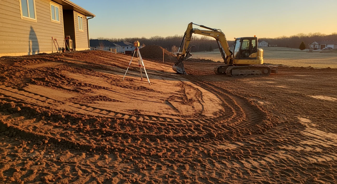 A residential yard in Owatonna, Minnesota after slope grading, showing smooth, evenly contoured soil sloping away from the home's foundation. The regraded surface is compacted and ready for sod or landscaping installation.