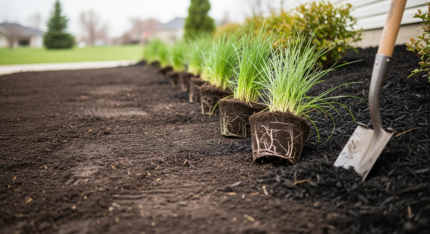 A freshly planted softscape bed at an Owatonna residential property, showing layered shrubs, perennials, and mulched ground cover along a home's front foundation. The planting reflects a Zone 4b-appropriate plant selection installed by Jirele Landscape Solutions.